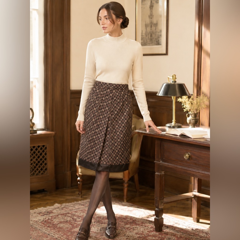 Geometric Print Pencil Skirt Sz M Brown Made in Japan
